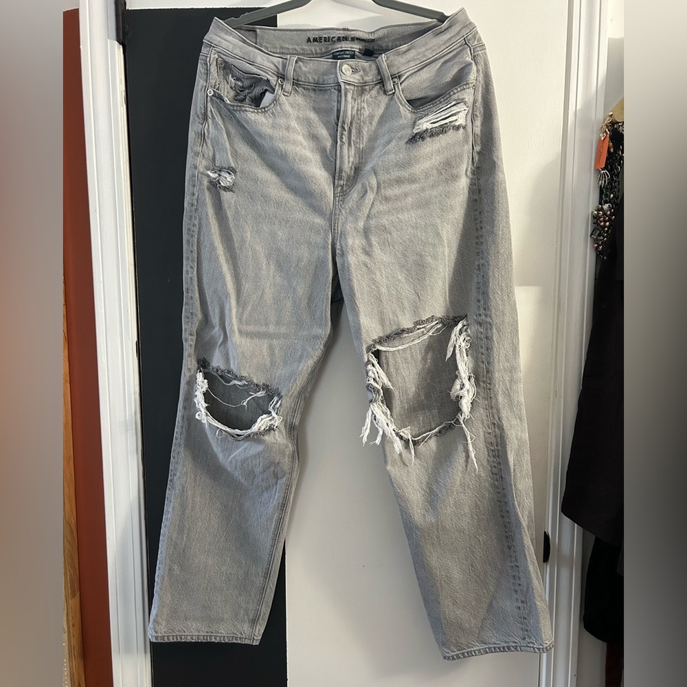 American Eagle 14 Short Distressed Wide Leg Grey Wash Jeans